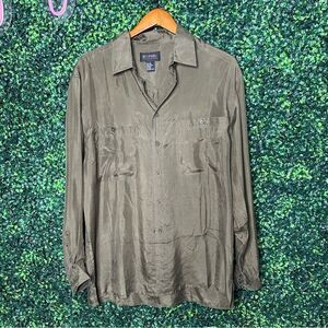 Vintage Olive Green 100% Silk Soft Button Down Top Sz Medium